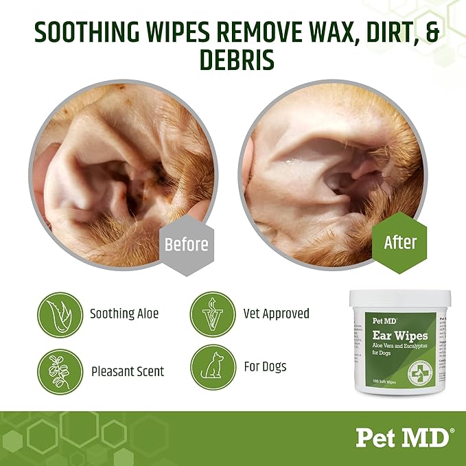 Pet MD - Dog Ear Cleaner Wipes - Otic Cleanser for Dogs to Stop Ear Itching, and Infections with Aloe and Eucalyptus - 100 Count