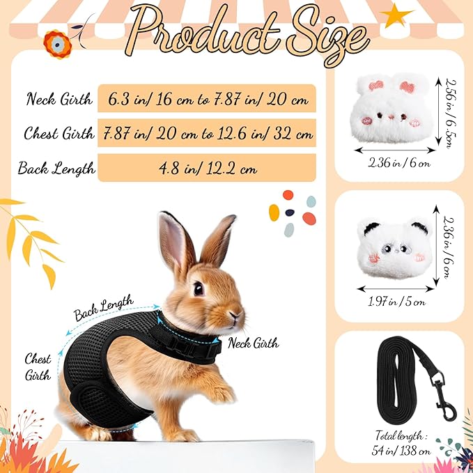 Rabbit Harness and Leash Set with 2 Cute Decorations Soft Adjustable Buckle Breathable Mesh Vest Harness for Rabbits Ferret Small Pig Puppy Walking Supplies (Black