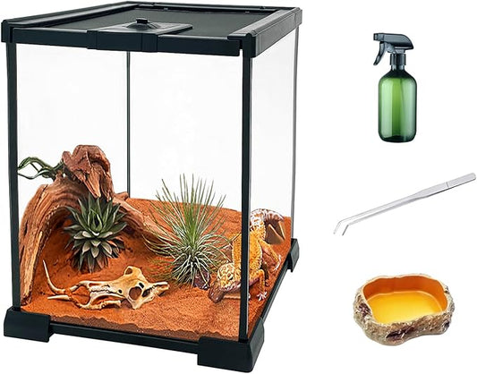Upgrade！Reptile Glass Terrarium kit，8"x8"x12"Terrarium Enclosure Amphibians Tank Cage with Magnetic Sliding Door for Small Reptiles, Amphibians and Invertebrates.