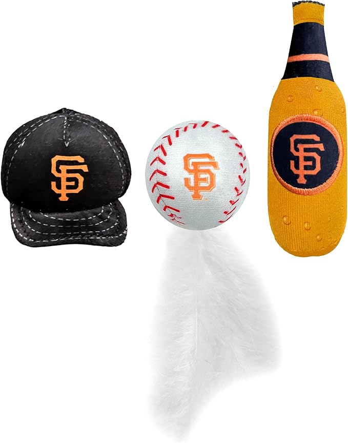 BEST PLUSH CAT TOY - MLB SAN FRANCISCO GIANTS Complete Set of 3 piece Cat Toys filled with Fresh Catnip. Includes: 1 Baseball Cap Cat Toy, 1 Baseball Cat Toy with Feathers & 1 Beer Bottle. Team LOGO