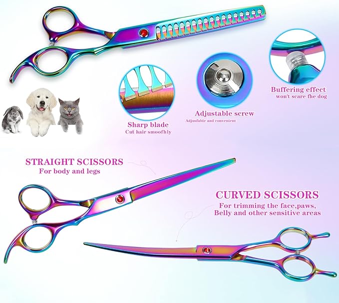 Dog Grooming Scissors, Maxshop Heavy Duty Titanium Pet Grooming Trimmer Kit, Professional Thinning Shears, Curved Scissors with Comb for Dogs and Cats (Colorful Set of 5)