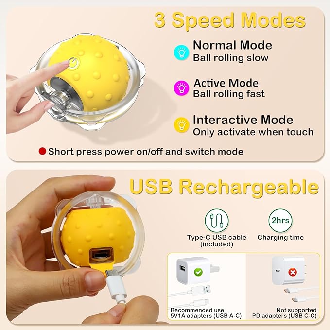 Interactive Cat Toys for Indoor Cats, Electric Cat Ball Fast Rolling in Pouch, Motion Activated Chirping Cat Toy, Hide and Seek Cat Toy with LED Light