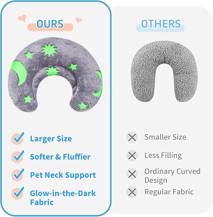 Glow-in-the-Dark U-Shaped Calming Pet Pillow for Dogs & Cats, Machine Washable Ultra-Soft Fleece Cover Comforting Dog Neck Pillow for Weak, Disabled, Elderly Pets, Luminous for Nighttime (Gray)