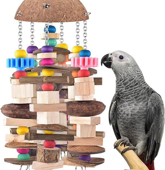 KATUMO Bird Toy, Large Parrot Toy Durable Wooden Blocks Bird Chewing Toy Parrot Cage Bite Toy for African Grey, Cockatoo, Amazon Parrot, Mini Macaw, Medium to Large Birds