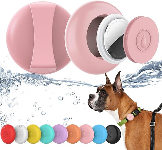 IPX8 Waterproof AirTag Dog Collar Holder, Hidden Air Tag Case for Cat Collar, Anti-Lost Silicone Cover for AirTag GPS Tracker Compatible with Pets Loop, Fits All Width Collars(Pink L)