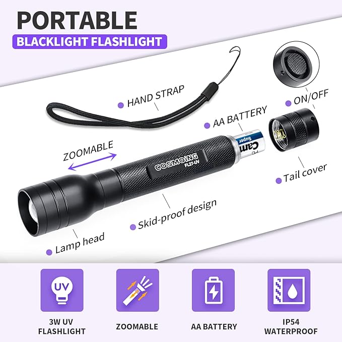 395nm UV Flashlight, Zoomable Pen Blacklight Flashlight with 2xAA Battery Ultraviolet Flashlight Pet Urine Detector for Cat Dog Stains, Scorpion, Bed Bug