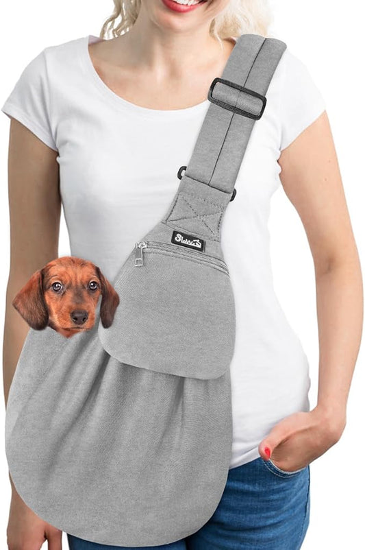 SlowTon Dog Carrier Sling - Thick Padded Adjustable Shoulder Strap Dog Carriers for Small Dogs, Puppy Carrier Purse for Pet Cat with Front Zipper Pocket Safety Belt Machine Washable (Grey Knitted, L)