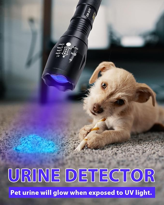 Eagou Diary UV Flashlights for Pet Urine, 365nm & 395nm UV Black Light Flashlights Mini UV Light Flashlight Zoomable Lens Black Light for Pet Urine Detection IP65 Waterproof Woods Lamp Skin Analyzer