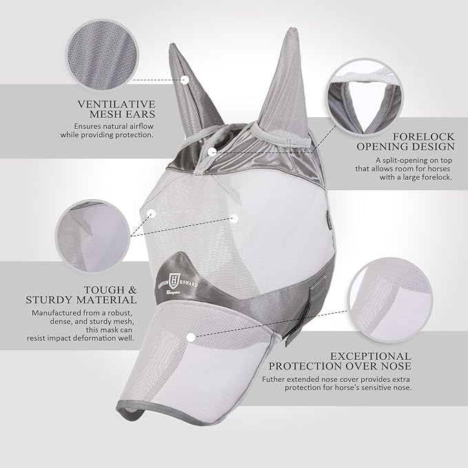 Harrison Howard Full Face Horse Fly Mask UV Protection and Breathable Mask for Equine Use Comfortable Fly Mask for Horses Grey XS
