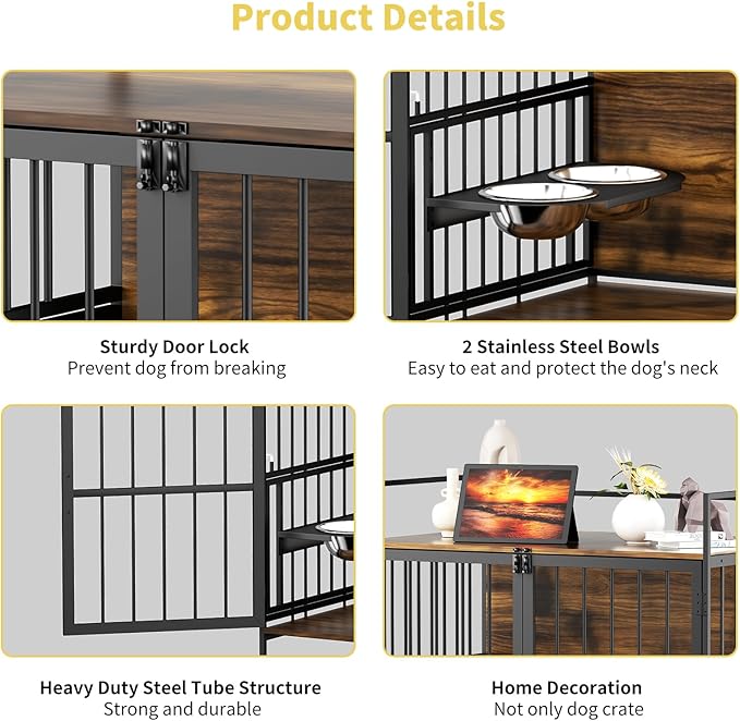 ROOMTEC Dog Crate Furniture-Style Cages for Large Dogs Indoor Heavy Duty Super Sturdy Dog Kennels with 2 Stainless Steel Bowls (48Inch = Int.dims: 46" W x 29" D x 35.5" H)