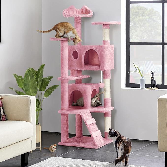 Yaheetech 62in Cat Tree Cat Tower for Indoor Cats, Cat Furniture w/Double Cat Condo, Scratching Posts, Multiple Platforms and Balls for Kittens & Cats, Pink