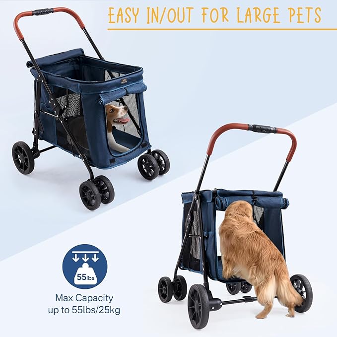 4 Wheels Pet Stroller for Small/Medium Dogs- One Button Fold, Adjustable Mesh Windows and Shades, 360° Swivel Front Wheels and Rear Wheel Brake