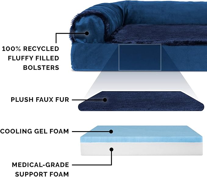 Furhaven Cooling Gel Dog Bed for Large/Medium Dogs w/ Removable Bolsters & Washable Cover, For Dogs Up to 55 lbs - Plush & Velvet L Shaped Chaise - Deep Sapphire, Large