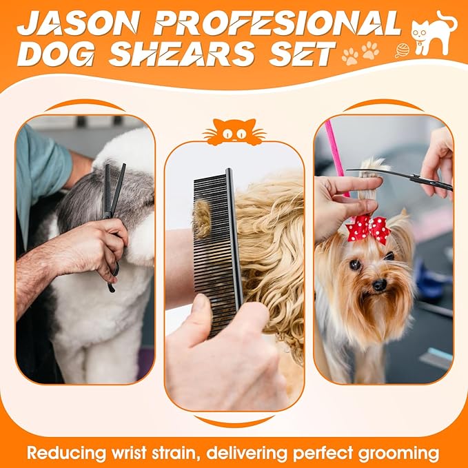 JASON Dog Grooming Scissors Set Professional 6 in 1 Dog Shears Kit - 6.5" Thinning, 7" Straight, 7" Up-Curved, 7" Down-curved Shears and Comb for Dog Cat Pet with Adjustable Screw (Black)