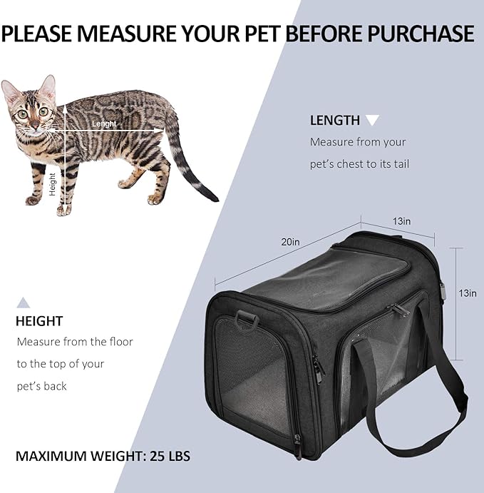 Henkelion Large Soft Sided Cat and Pet Carrier for Cats and Puppies up to 25Lbs - Collapsible, Waterproof Travel Carrier - Black