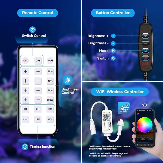 Lominie LED Aquarium Light, 80W Full Spectrum Coral Reef Light Saltwater LED for Marine Fish Tank with Remote Control 4 Channels Dimmable with Stand(Pixie 80 Saltwater)