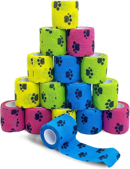 kathson 16PCS Vet Wrap Tape Veterinarian Self Adhesive No Chew Bandage Wound Dressing Medical Bandage Gauze for Animals Pets Dogs Cats Horses Ear Feet Paw Tail Injury(Yellow Blue Green Pink)