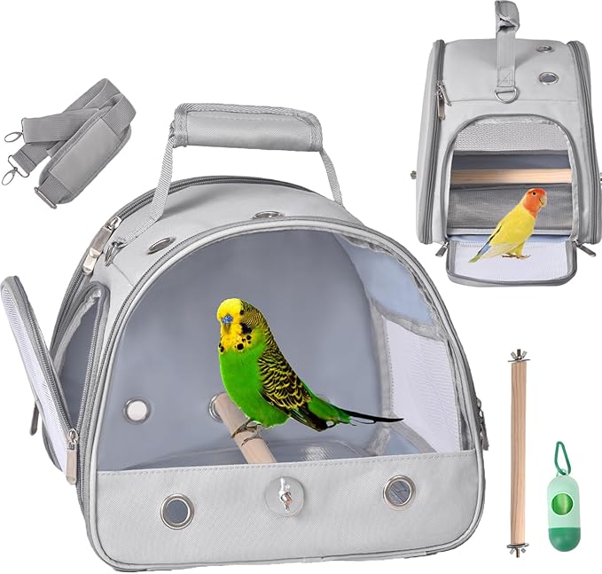 Bird Carrier Travel Cage with Stand, Small Bird Travel Carrier for Parrot with Perch, Small Bird Cage for Travel Parakeet Carrier Bird Bag with Shoulder Strap, Side Access Window (Grey)