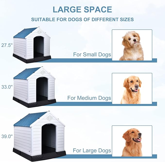 Plastic Dog House, Insulated Doghouse Puppy Shelter, Water Resistant Easy Assembly Sturdy Dog Kennel with Elevated Floor and Air Vents, Ventilate for Small to Large Sized Dogs (29-Inch, Blue)