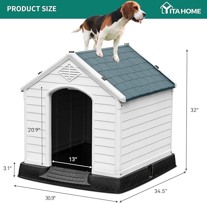 YITAHOME 34.5'' Large Plastic Dog House Outdoor Indoor Doghouse Puppy Shelter Water Resistant Easy Assembly Sturdy Dog Kennel with Air Vents and Elevated Floor (34.5''L*31''W*32''H, Gray)