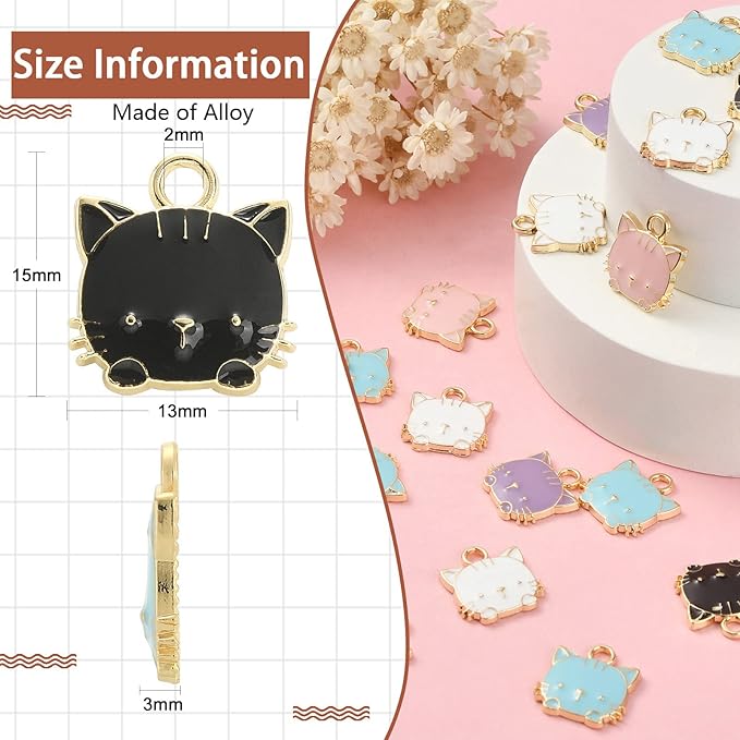 KitBeads 40pcs Mixed Colors Cat Charms Cartoon Animal Cat Head Charms Cute Pets Enamel Kitten Charms for Jewelry Making Bracelets Bulk