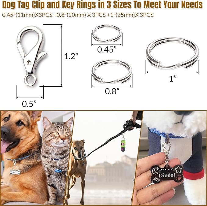 Dog Tag Clips for Collar,with 16Pcs Replaceable Dog ID Name Tag Ring Clip Dog Tag Attachment Clip Pet tag Quick Clip Clips Rings for Pet Collar Key Ring Clips Accessories (4 Sets)