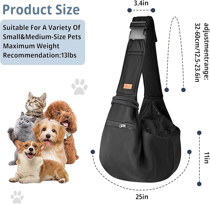 CUBY Dog and Cat Sling Carrier - Small Dog Carrier Sling with Adjust Strap & Zip Pocket, Hands Free Soft Dog Slings for Small Dogs Cats Puppy Pets Outdoor Travel Safety Purse Bag (Black)