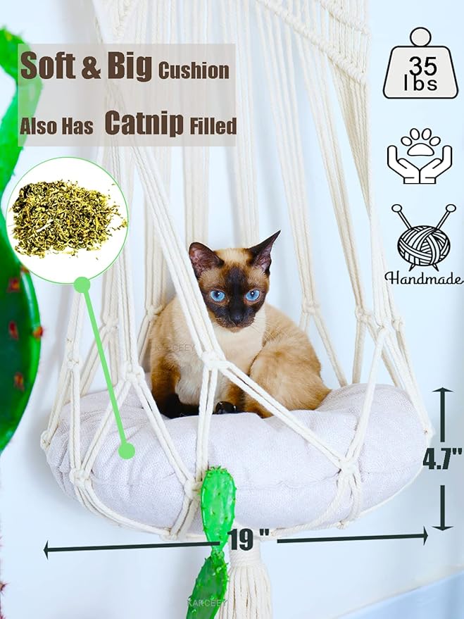 Macrame Cat Hammock,Macrame Hanging Cat Bed with Catnip Cushion and Hanging Kit (1.Macrame Hammock with Cat Bed)