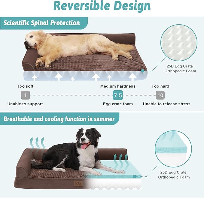 Orthopedic Dog Bed for Extra Large Dogs, XL Washable Dog Sofa Beds Large, Supportive Foam Pet Couch Bed with Removable Washable Cover, Waterproof Lining and Nonskid Bottom, Brown (L-Shaped)