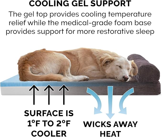 Furhaven Cooling Gel Dog Bed for Large Dogs w/ Removable Bolster & Washable Cover, For Dogs Up to 125 lbs - Fleece & Corduroy Bolster Chaise - Dark Espresso, Jumbo Plus/XXL