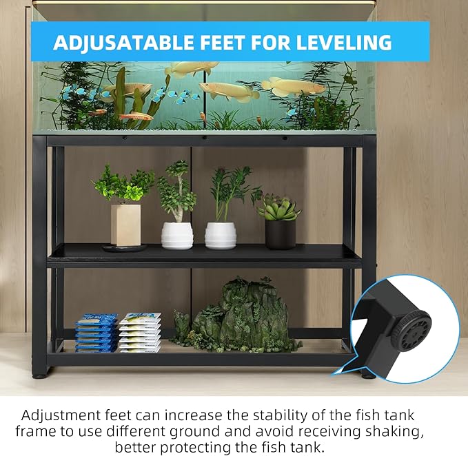 VOWNER 55-75 Gallon Fish Tank Stand - Metal Aquarium Stand, 48.4" x 14.9" x 29.5" Adjustable Heavy Duty Reptile Tank Stand, Adjustable 2-Tier Fish Tank Rack Shelf for Home Office, Tank not Included