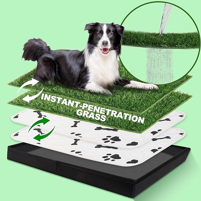 MEEXPAWS Dog Grass Pad with Tray/Foldable Liner Base Large, Dog Litter Box Artificial Grass Pee Pad for Indoor Dog Potty, Odor Free Instant-Penetration Hemmed Edge Dog Potty Grass, 2 PCS Reusable Pad