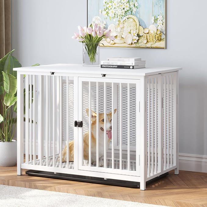 Heavy Duty Dog Crate Furniture, Fully Assembled exc. Locks, All Metal Frame & Wooden Tabletop, Modern Kennel for Small/Medium Dog, End Table, Sturdy, Foldable, White