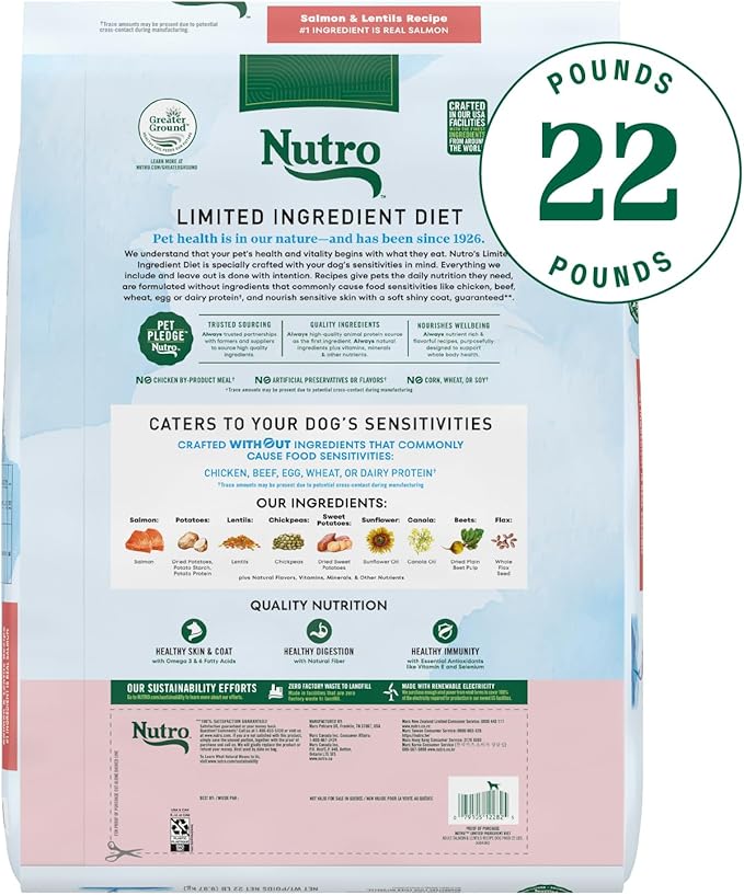 Nutro Limited Ingredient Diet Dry Dog Food, Salmon & Lentils Recipe, 22 lbs.