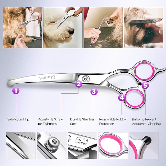 Gimars Professional 4CR Stainless Steel 6 in 1 Grooming Scissors for Dogs with Safety Round Tip, Heavy Duty Titanium Coated Pet Grooming Scissor for Dogs, Cats and Other Animals