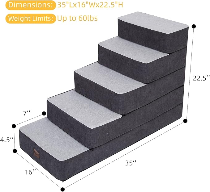 Dog Stairs for Small Dogs, Stitching Foam Pet Steps Extra Wide for High Beds Sofas and Chairs, DIY Pet Stairs Anti-skid Folding Dog Steps for Large Dog and Cats,5 Step, Grey