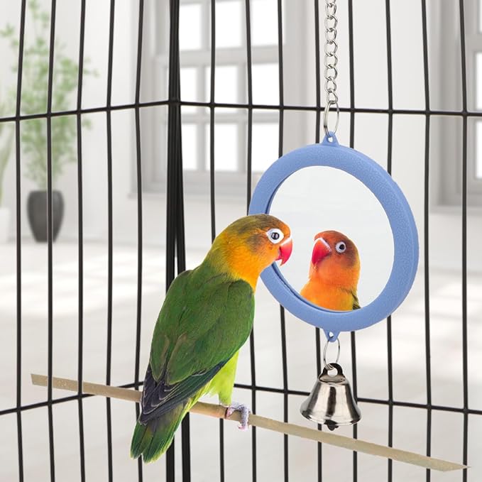 Pet Bird Mirror with Bell Interactive Parrot Toy Bird Cage Mirror for Cockatiel Parakeets Canaries Budgie (BLUE)