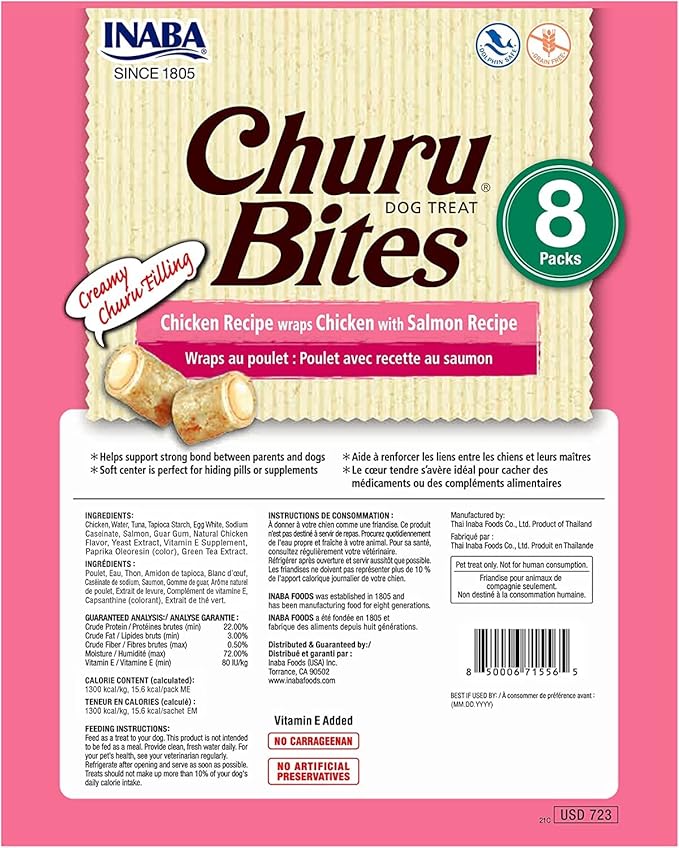 INABA Churu Bites for Dogs, Grain-Free, Soft/Chewy Baked Chicken Wrapped Churu Filled Dog Treats, 0.42 Ounces Each Tube | 24 Tubes Total, Chicken with Salmon Recipe