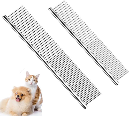 Dog Combs for Grooming, 2 Pack Metal Dog Comb with Rounded Teeth, Stainless Steel Cat Comb for Removing Tangles and Knots for Dogs and Cats