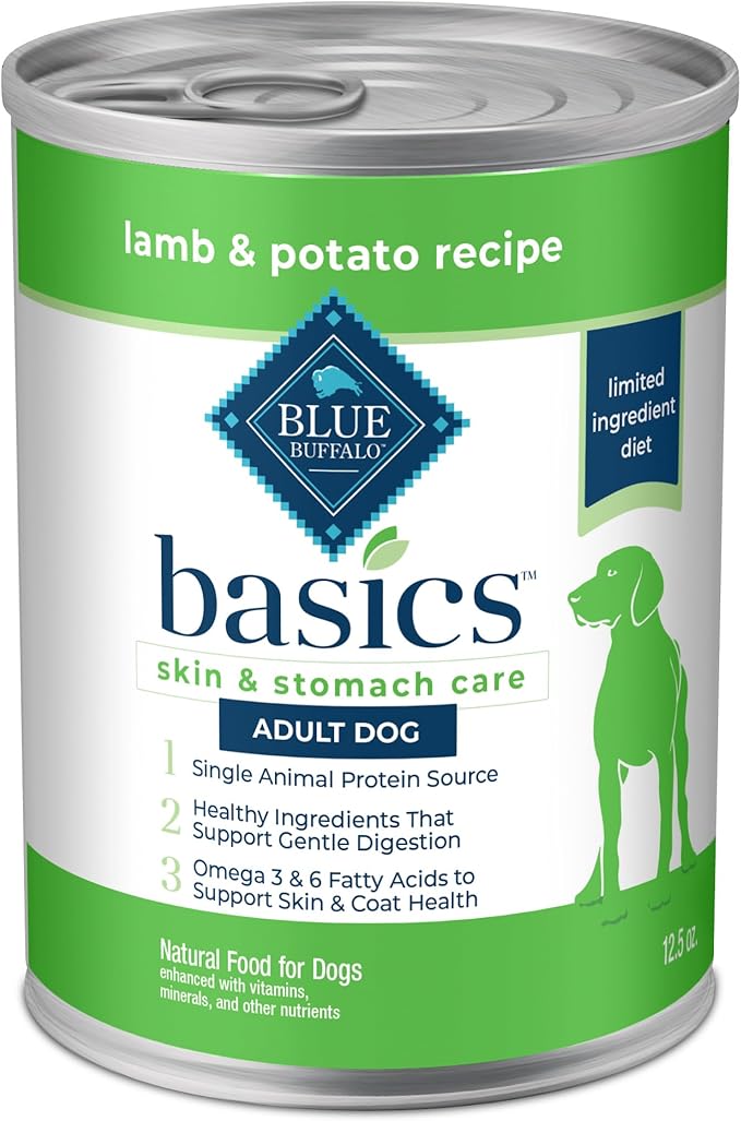 Blue Buffalo Basics Grain-Free Adult Wet Dog Food, Skin & Stomach Care, Limited Ingredient Diet, Lamb Recipe, 12.5-oz. Can, 12 Count