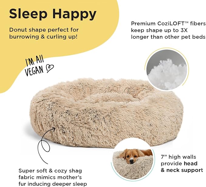 Best Friends by Sheri The Original Calming Donut Cat and Dog Bed in Shag Fur Taupe, Small 23"