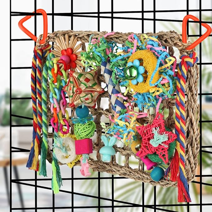 Bird Toys Bird Foraging Toys for Parakeets Cockatiel Conures Lovebirds Bird Foraging Shredding Seagrass Wall with Various Toys for Birds