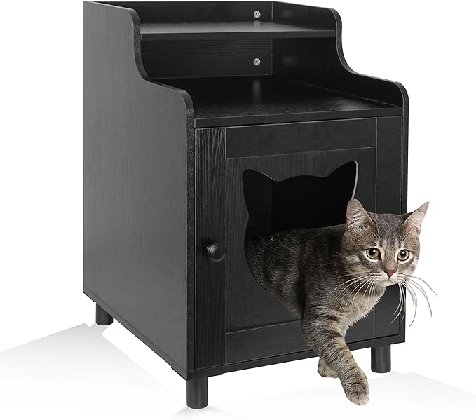 DOUSY- Small Wooden Cat Litter Box Enclosure, Hidden Litter Box Furniture Enclosed Cat Washroom Storage Cabinet, Side Table, Nightstand, Indoor Pet House 15.8 x 15.8 x 24 Inches, Black