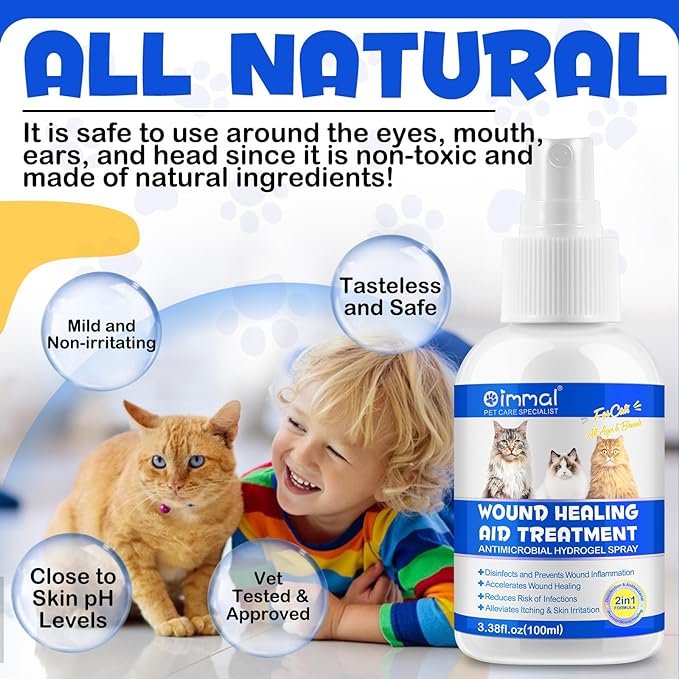 Cat Wound Care Spray - Wound Healing Aid Treatment for Cats Helps with Skin Repair for Wounds, Cats Irritated Skin & Itchy Skin Relief | Cats Supplement | Gentle Wound Care Spray - 3.38 Fl.oz / 100ml