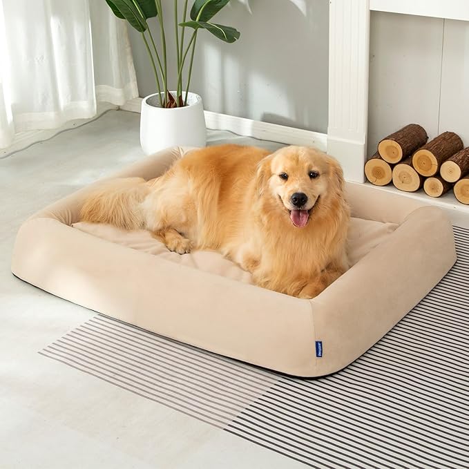 Orthopedic Dog Bed for Large Dogs Waterproof Pet Bed Soft Sofa with Two Fabrics Washable Removable Cover Egg Foam Support Anti-Slip Bottom Extra Head and Neck Support Sleeper,XXL Beige