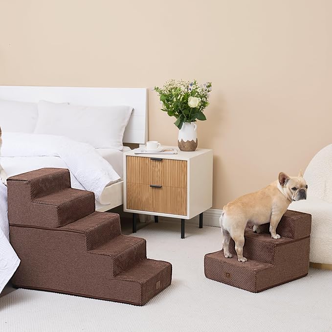EHEYCIGA Dog Stairs for Small Dogs 13.5" H, 3-Step Dog Steps for Couch Sofa and Chair, Pet Steps for Small Dogs and Cats, Non-Slip Balanced Dog Indoor Ramp, Brown