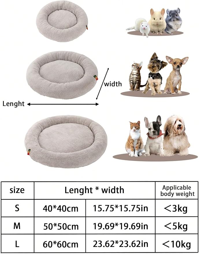 QWINEE Cat and Dog Cushion Bed Mat Plush Puppy Kitten Beds Round Bed Anti-Slip Pet Sleeping Bed for Small Medium Dog Cat Kitten Grey L