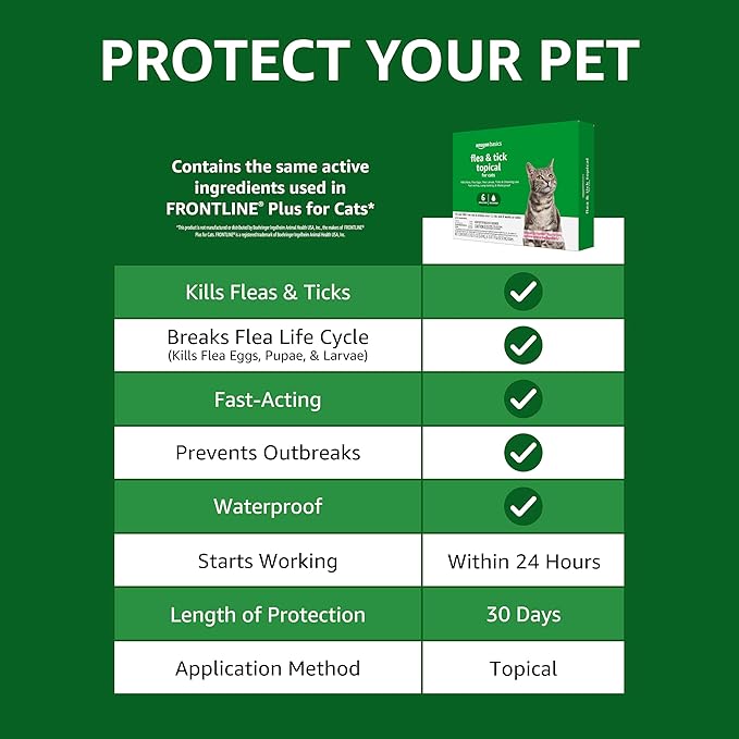 Amazon Basics Flea and Tick Topical Treatment for Cats (over 1.5 lbs), 6 Count (Previously Solimo)