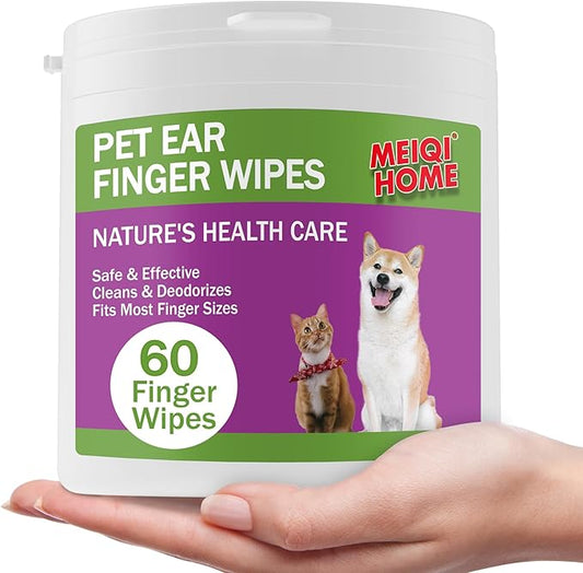 MEIQIHOME 60 Count Dog Ear Wipes Finger - Gently Remove Ear Wax, Debris - Sooths & Deodorizes -Disposable Gentle Cleaning,Cat Ear Cleaner,Dog Ear Cleaner，Pet Ear Cleaning Finger Wipes,Dog Ear Wipes