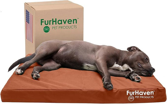 Furhaven Water-Resistant Memory Foam Dog Bed for Large/Medium Dogs w/ Removable Washable Cover, For Dogs Up to 55 lbs - Indoor/Outdoor Logo Print Oxford Polycanvas Mattress - Chestnut, Large